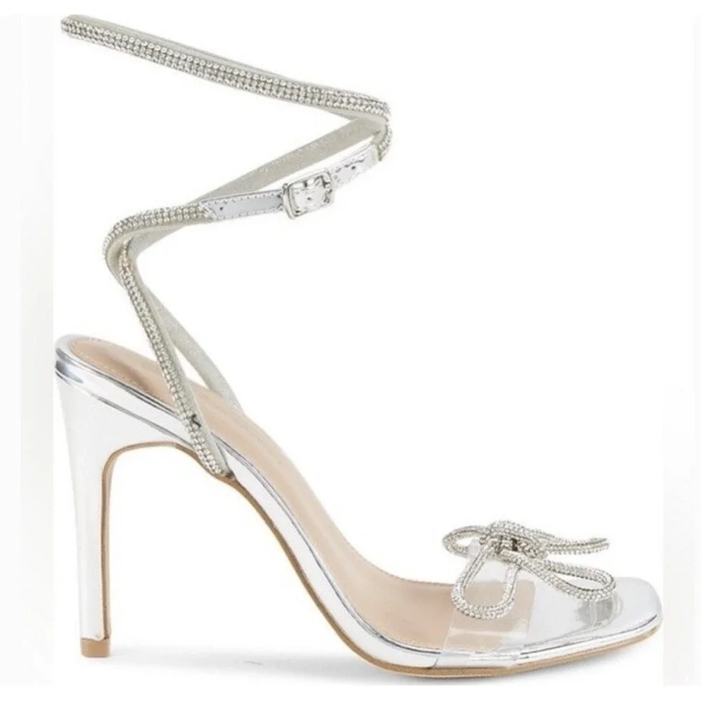 BCBGENERATION Rhinestones Crystal Bow Silver Clear Stiletto Heel Ankle Sandal 10